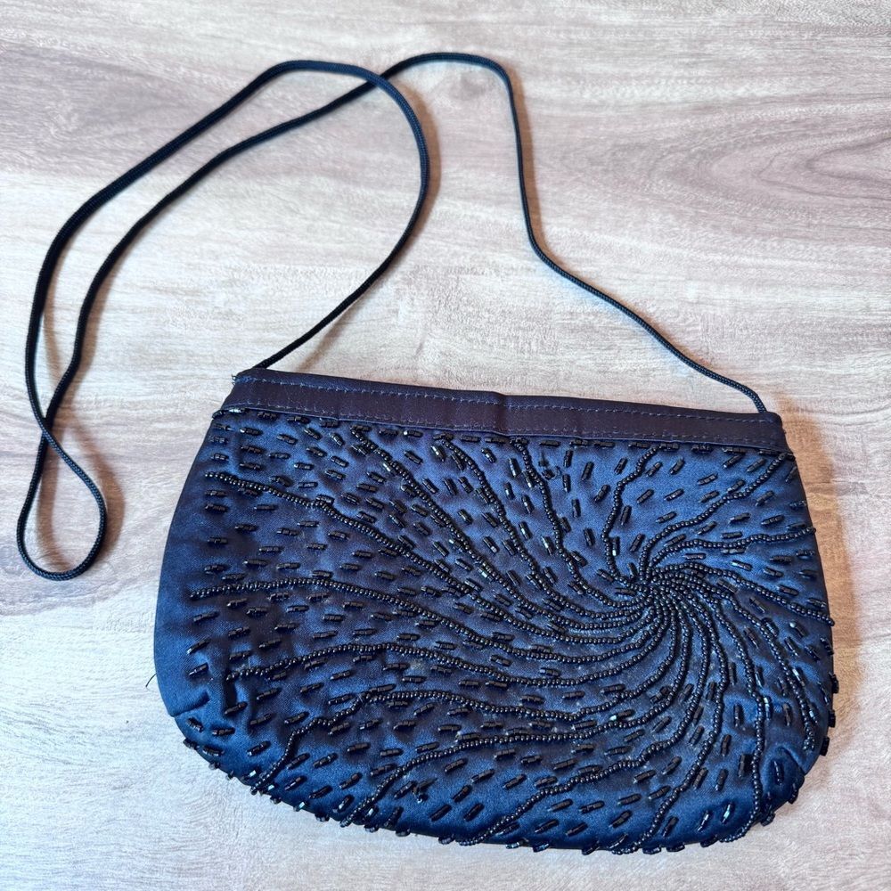Vintage 90s Y2K Beaded Black crossbody Bag Romantic Dark Fairy Whimsy Goth Satin